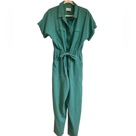 Universal Thread Linen Blend Short Sleeve Tie Waist Green Utility Jumpsuit Sz 4 - Picture 1 of 13